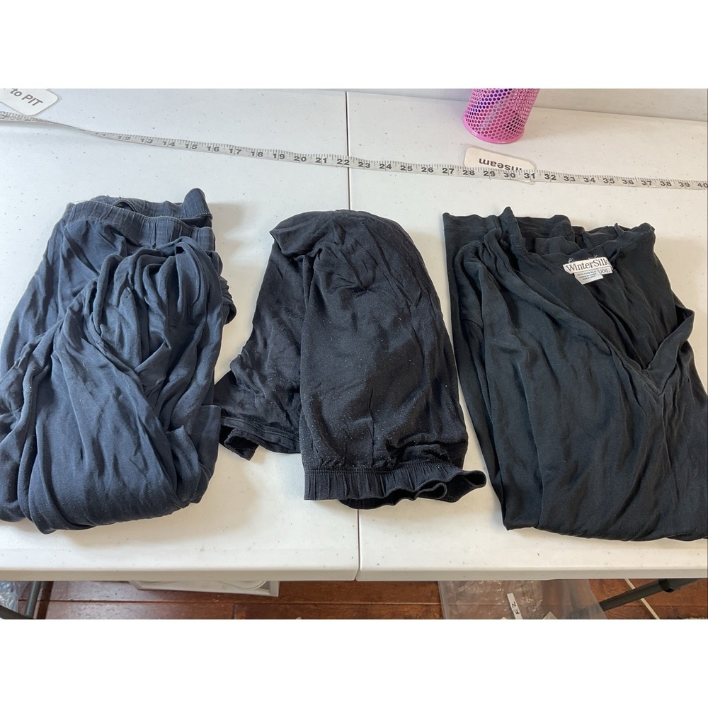 WinterSilks Womens 2PC LOT Black 100% Silk Pants, v neck, Shorts 2X-3X baselayer